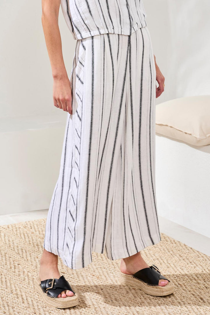 Tribal Soft Linen Flowy Wide Leg Crop Pants White/Black
