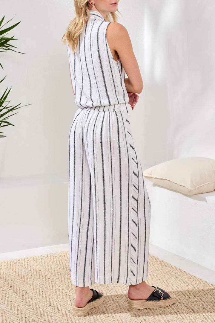 Tribal Soft Linen Flowy Wide Leg Crop Pants White/Black