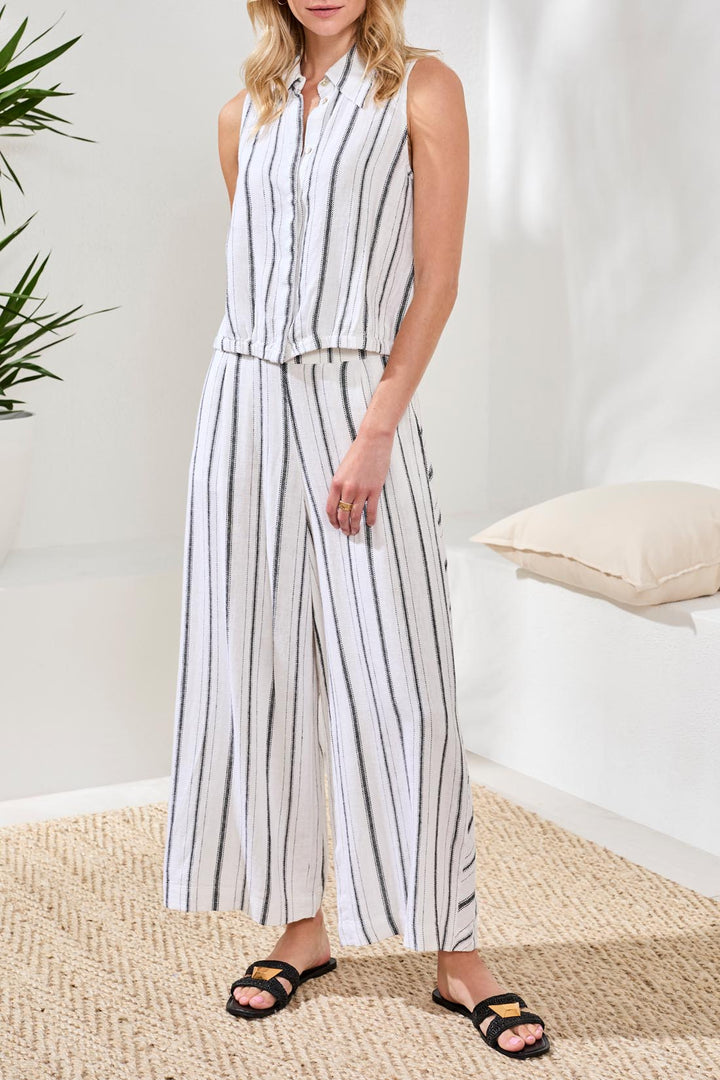 Tribal Soft Linen Button‑Front Elastic Hem Collared Top White/Black