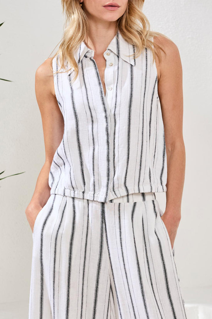 Tribal Soft Linen Button‑Front Elastic Hem Collared Top White/Black