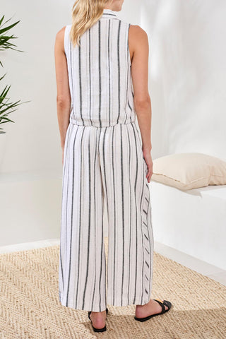 Tribal Soft Linen Button‑Front Elastic Hem Collared Top White/Black