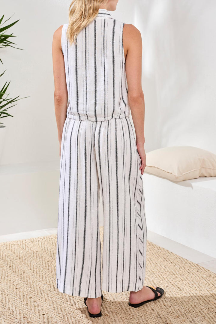 Tribal Soft Linen Button‑Front Elastic Hem Collared Top White/Black