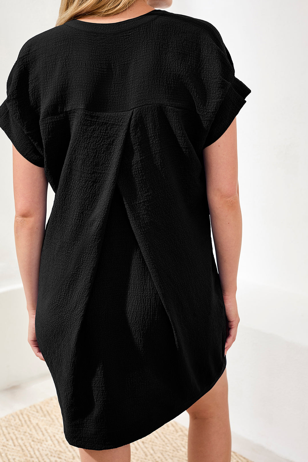 Tribal Textured Short Sleeve Tunic Shift Dress Black