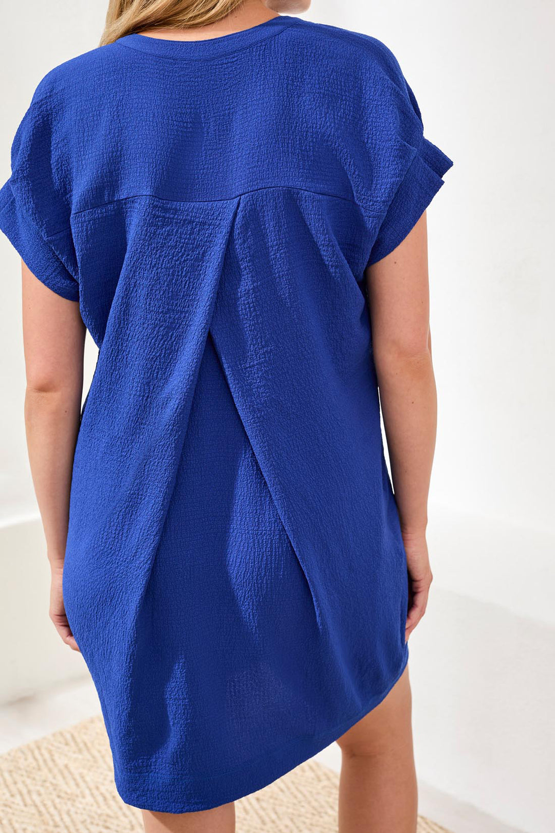Tribal Textured Short Sleeve Tunic Shift Dress Royal Azur