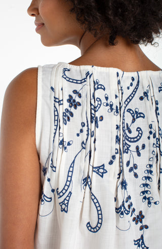 Liverpool Sleeveless Boat Neck Woven Top with Pintucks Cream