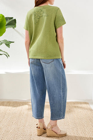 Tribal Crew Neck Short Sleeve Tee With Embroidered Patchwork Kiwi Zest