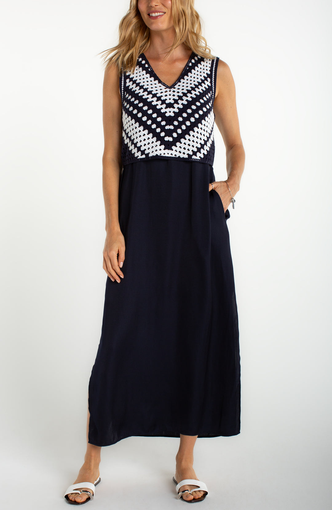 Liverpool Sleeveless V-neck Crochet Woven Dress Navy White
