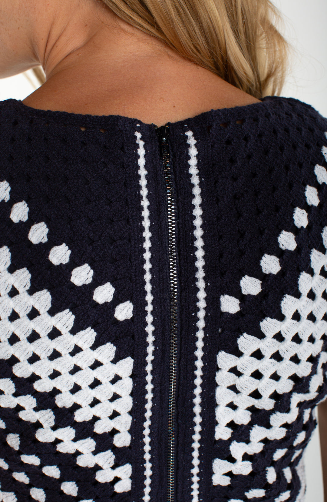 Liverpool Sleeveless V-neck Crochet Woven Dress Navy White