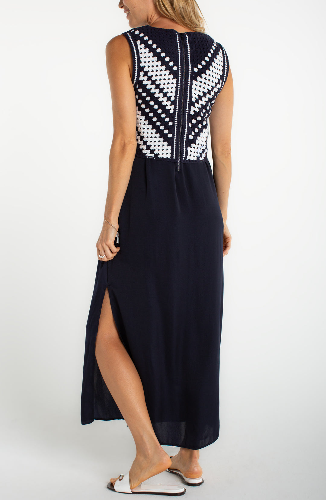 Liverpool Sleeveless V-neck Crochet Woven Dress Navy White