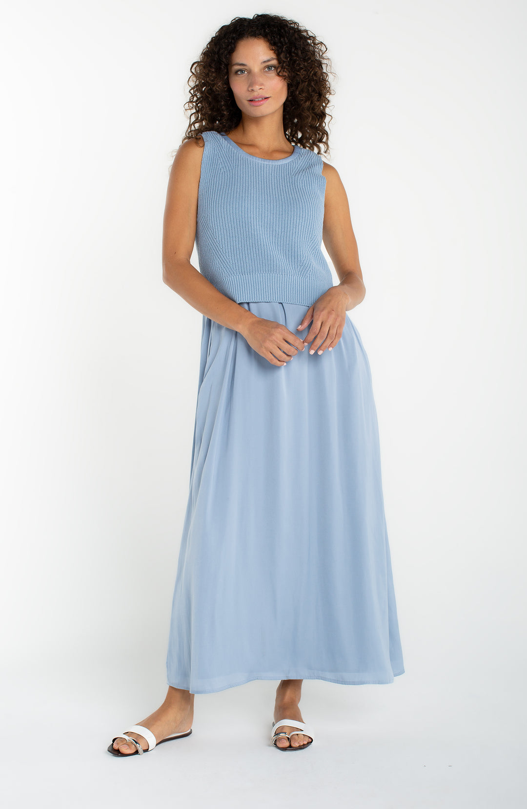 Liverpool Sleeveless Tie Back Sweater Woven Dress Malibu Blue