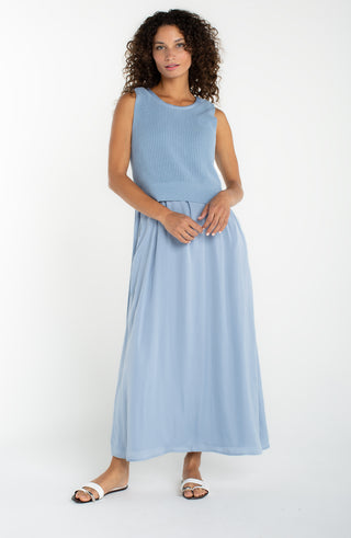Liverpool Sleeveless Tie Back Sweater Woven Dress Malibu Blue