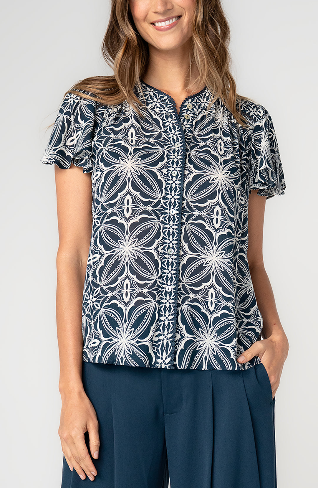 Liverpool Flutter Sleeve Mixed Print Top Blue w/ Cream