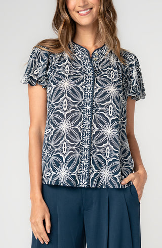 Liverpool Flutter Sleeve Mixed Print Top Blue w/ Cream