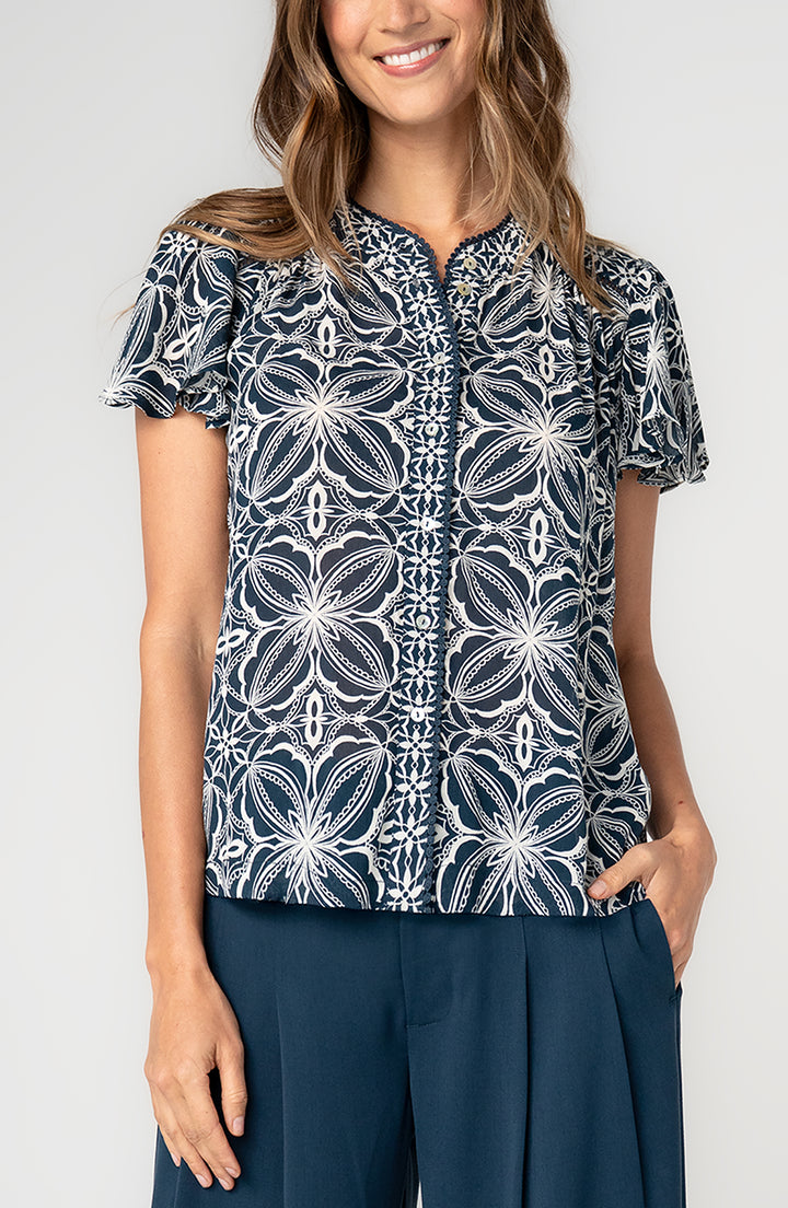 Liverpool Flutter Sleeve Mixed Print Top Blue w/ Cream