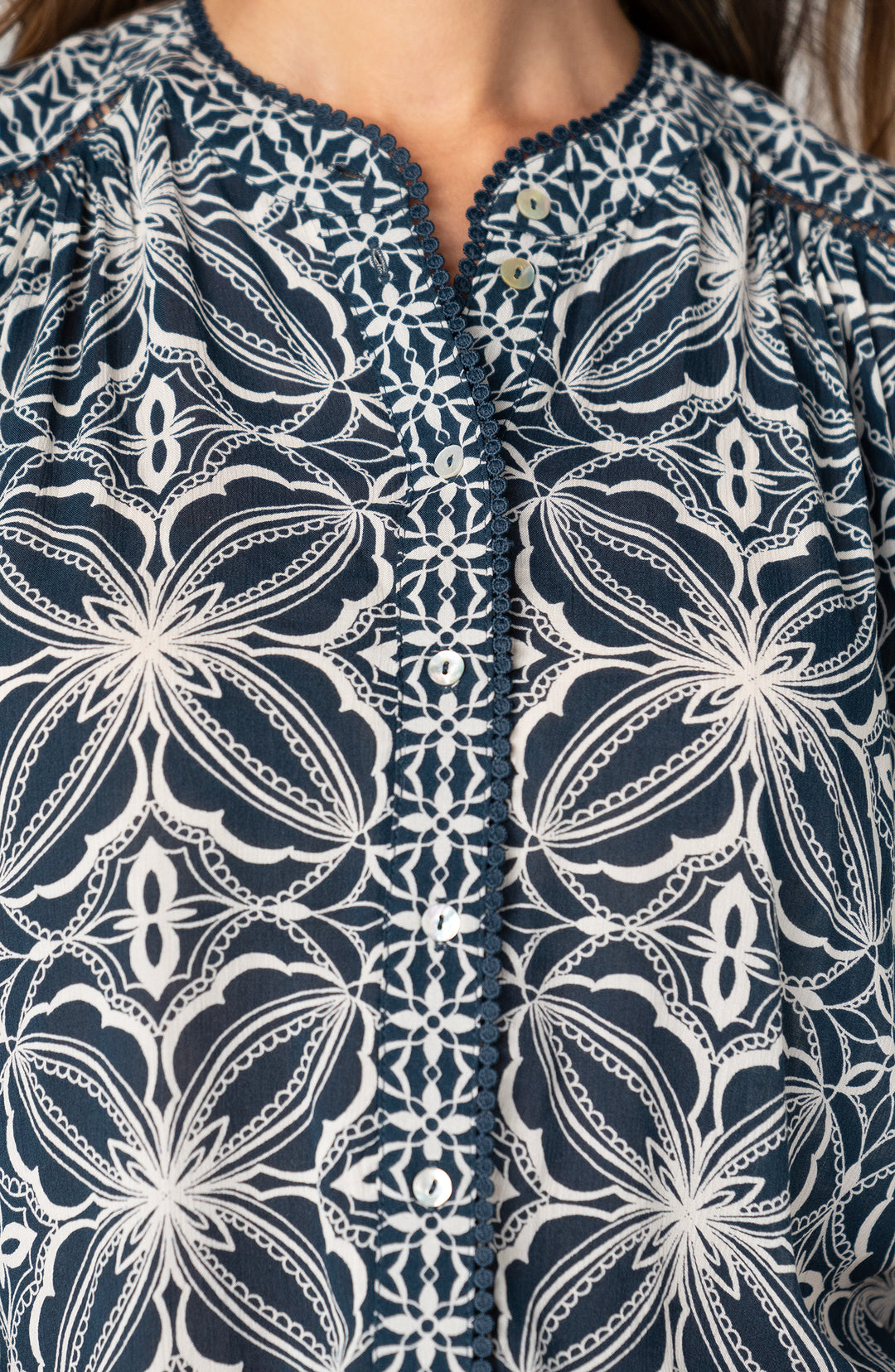 Liverpool Flutter Sleeve Mixed Print Top Blue w/ Cream