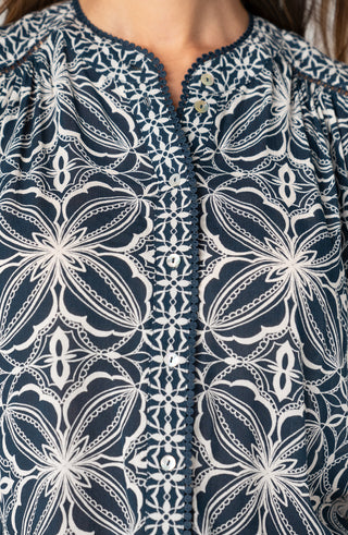 Liverpool Flutter Sleeve Mixed Print Top Blue w/ Cream