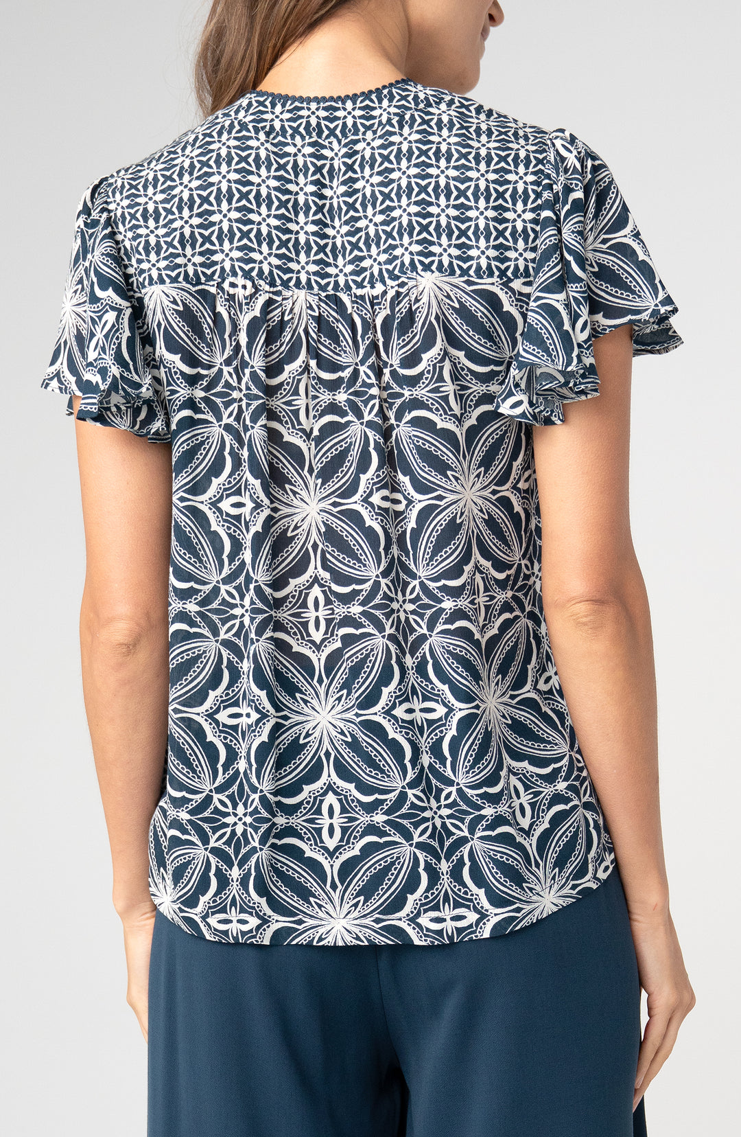 Liverpool Flutter Sleeve Mixed Print Top Blue w/ Cream
