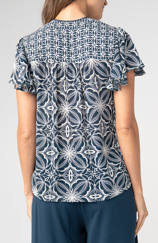 Liverpool Flutter Sleeve Mixed Print Top Blue w/ Cream