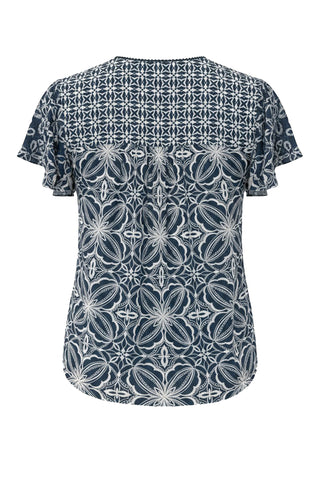 Liverpool Flutter Sleeve Mixed Print Top Blue w/ Cream