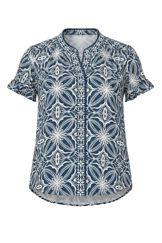 Liverpool Flutter Sleeve Mixed Print Top Blue w/ Cream
