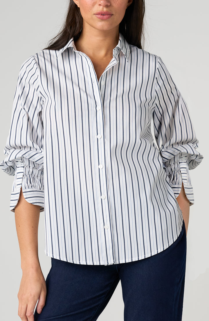 Liverpool Adjustable Sleeve Button Front Woven Top White w/ Navy Stripes