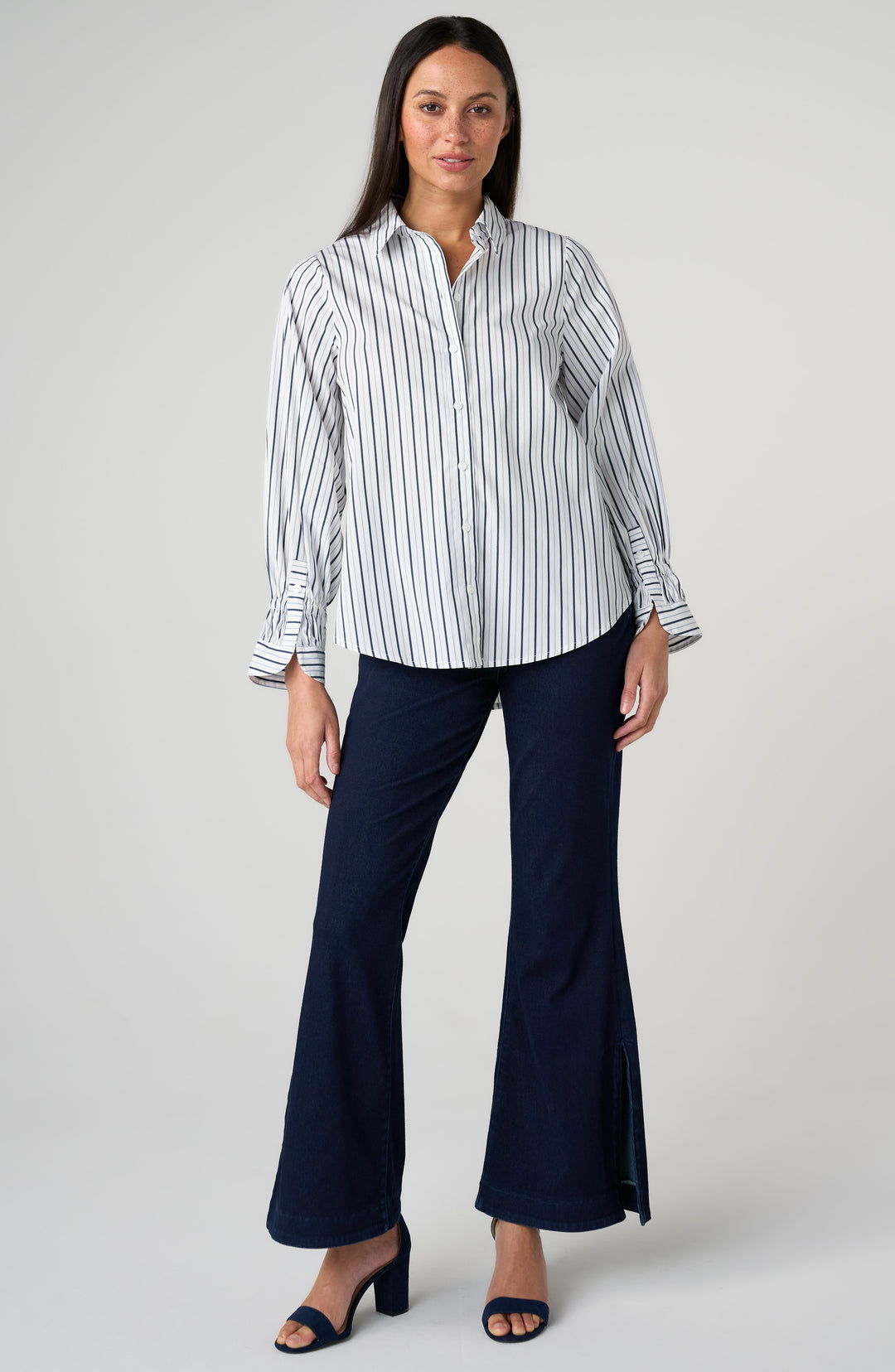 Liverpool Adjustable Sleeve Button Front Woven Top White w/ Navy Stripes