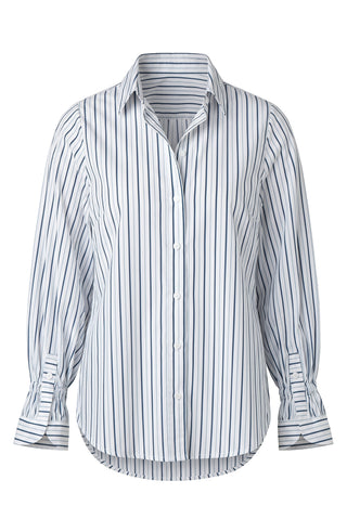 Liverpool Adjustable Sleeve Button Front Woven Top White w/ Navy Stripes