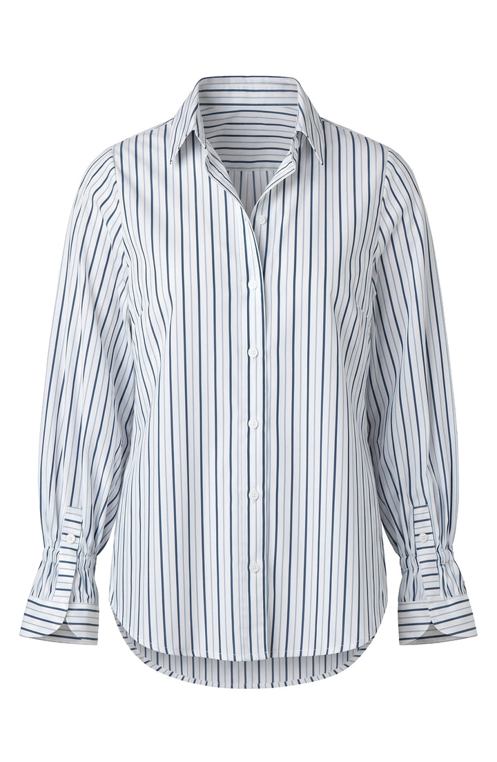 Liverpool Adjustable Sleeve Button Front Woven Top White w/ Navy Stripes
