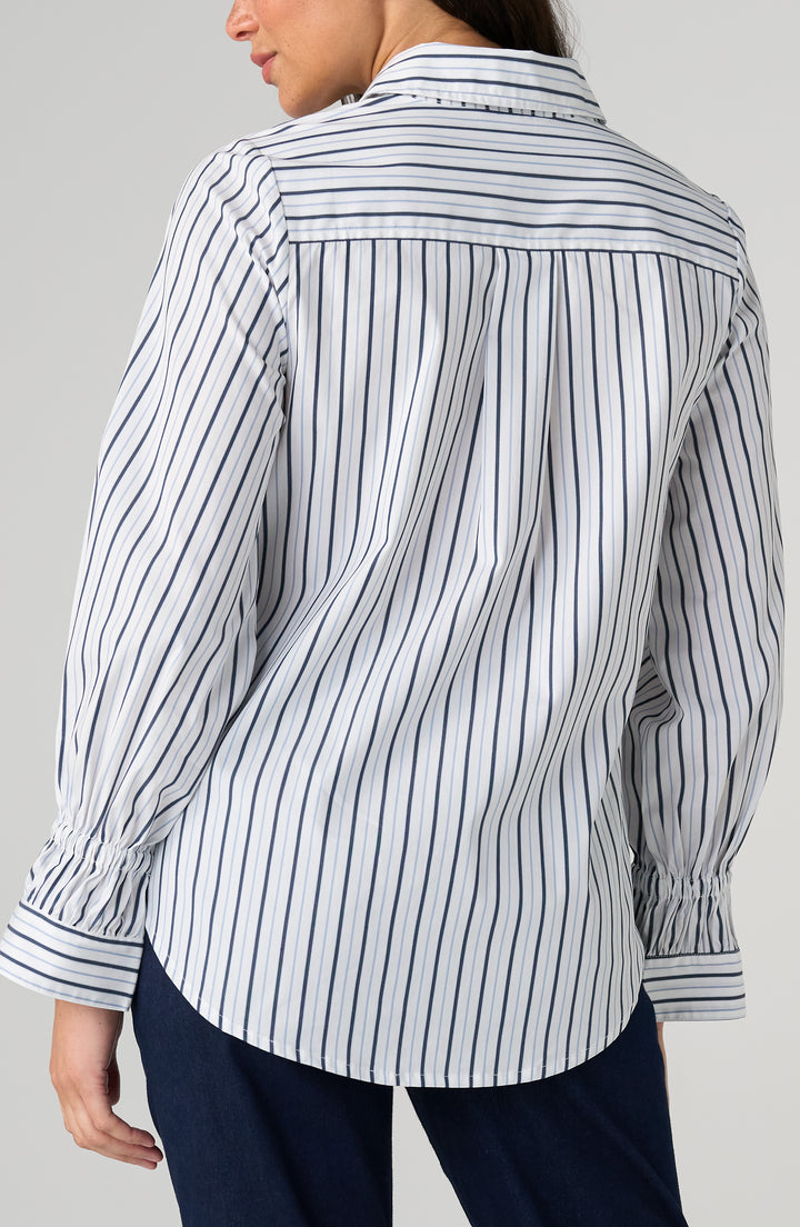 Liverpool Adjustable Sleeve Button Front Woven Top White w/ Navy Stripes