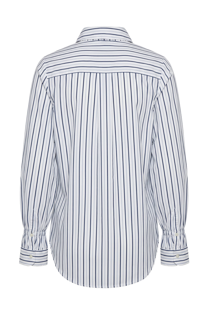 Liverpool Adjustable Sleeve Button Front Woven Top White w/ Navy Stripes