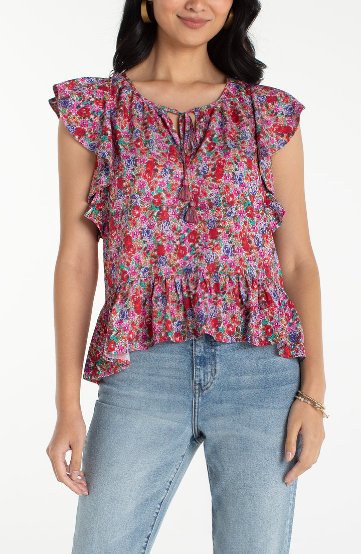 Liverpool Flutter Sleeve Peplum Woven Top W/ Ties Pink Multi Floral