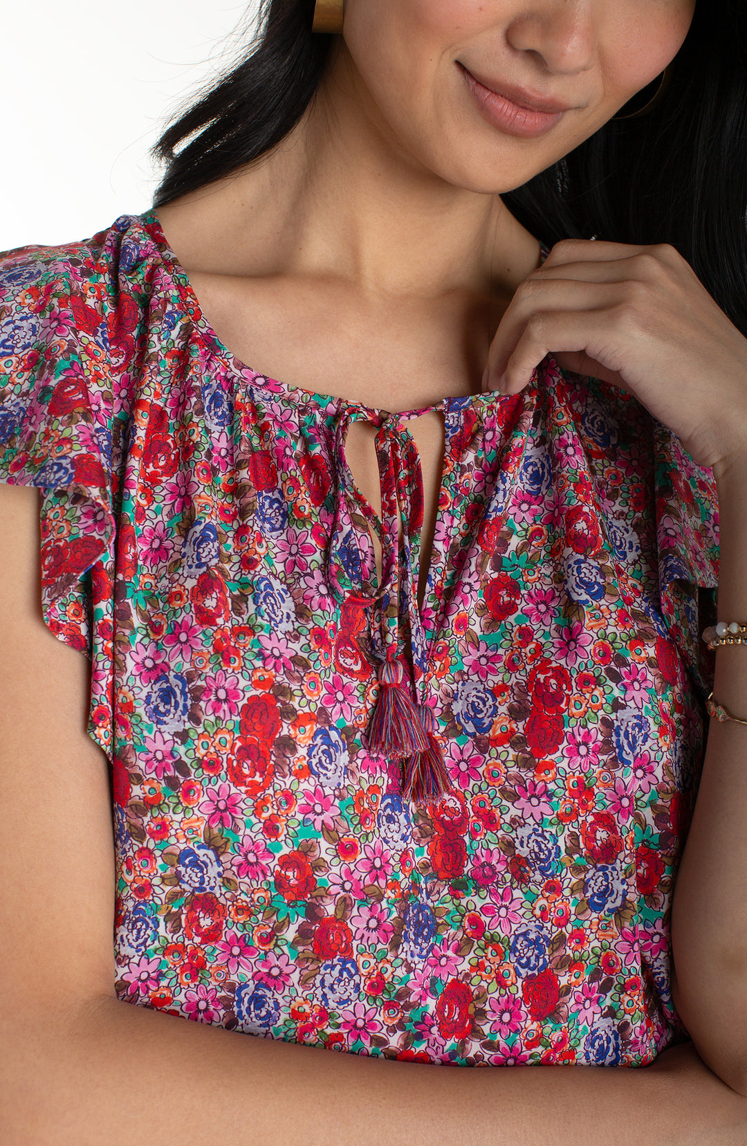 Liverpool Flutter Sleeve Peplum Woven Top W/ Ties Pink Multi Floral