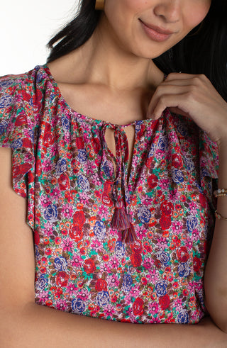Liverpool Flutter Sleeve Peplum Woven Top W/ Ties Pink Multi Floral