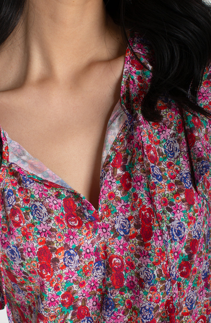 Liverpool Flutter Sleeve Peplum Woven Top W/ Ties Pink Multi Floral