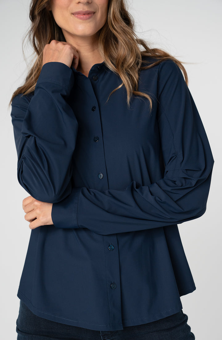 Liverpool Long Pleated Sleave Button Front Knit Top Club Navy