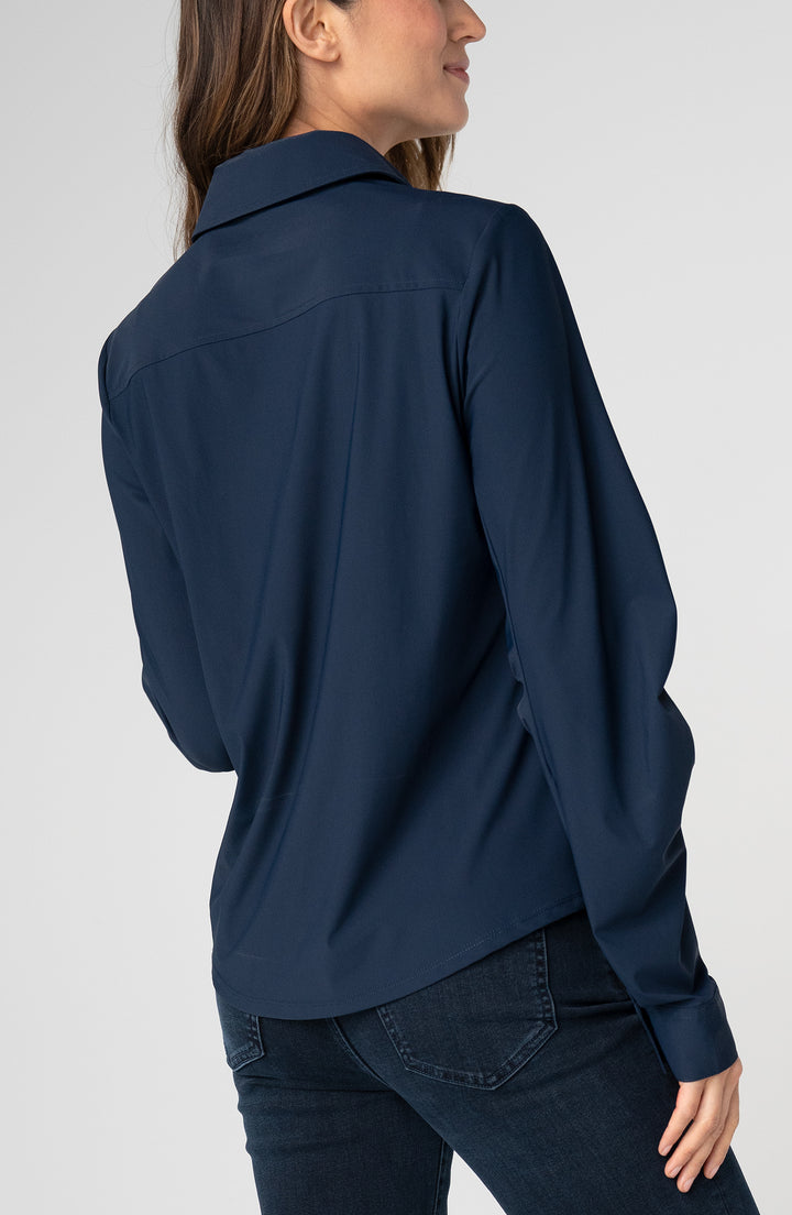 Liverpool Long Pleated Sleave Button Front Knit Top Club Navy