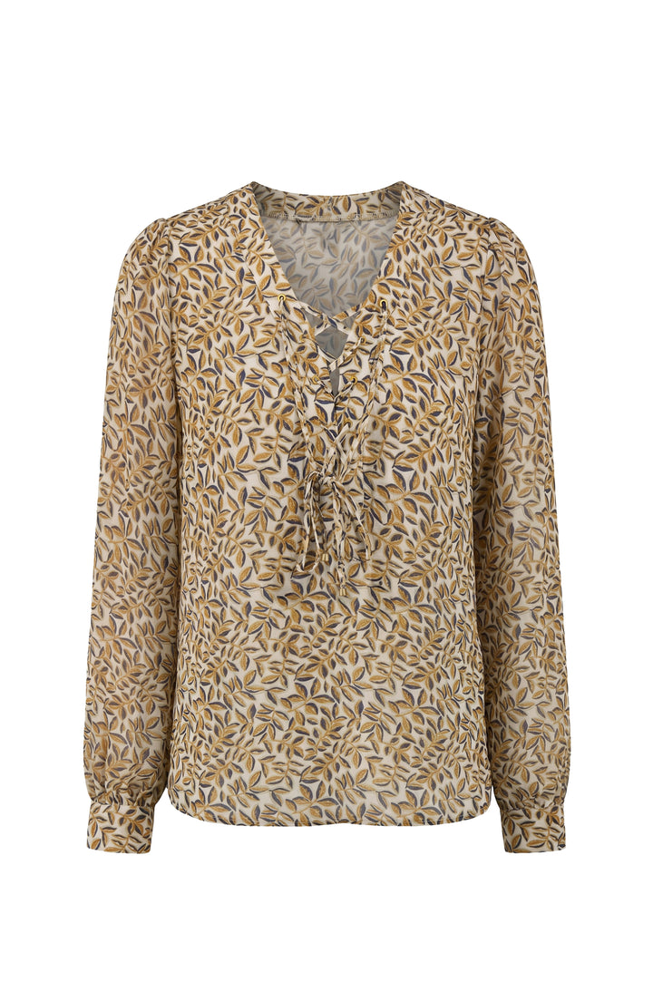 Liverpool Long Sleeve Lace Up Front Woven Blouse Gold Multi Blue