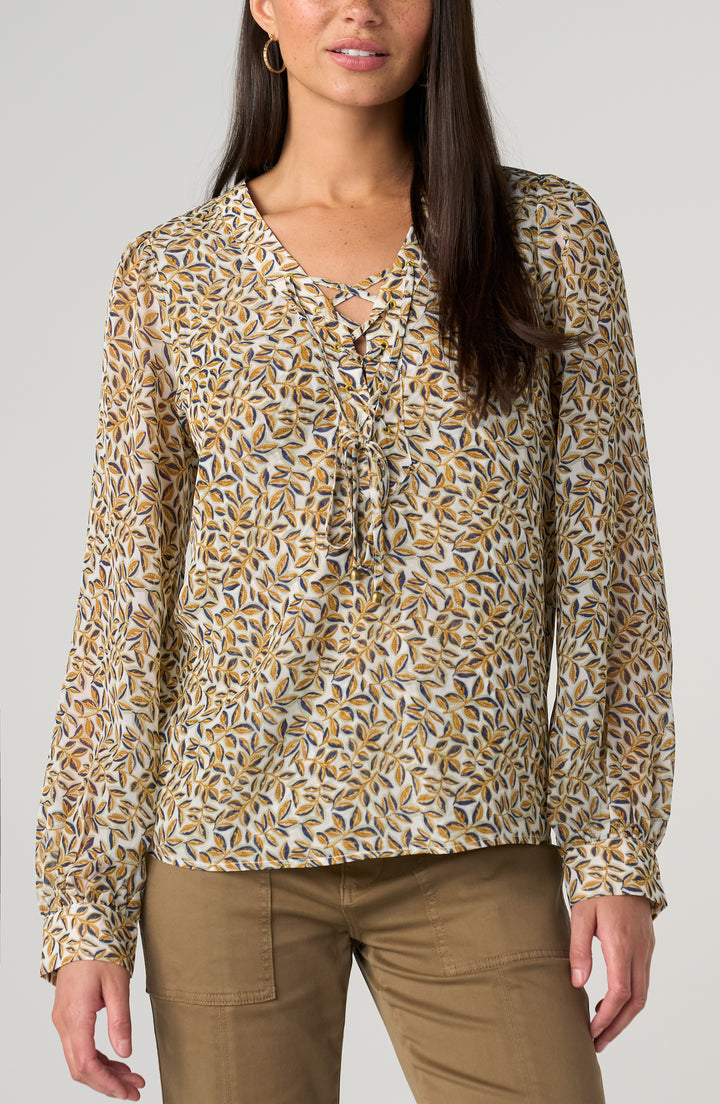 Liverpool Long Sleeve Lace Up Front Woven Blouse Gold Multi Blue