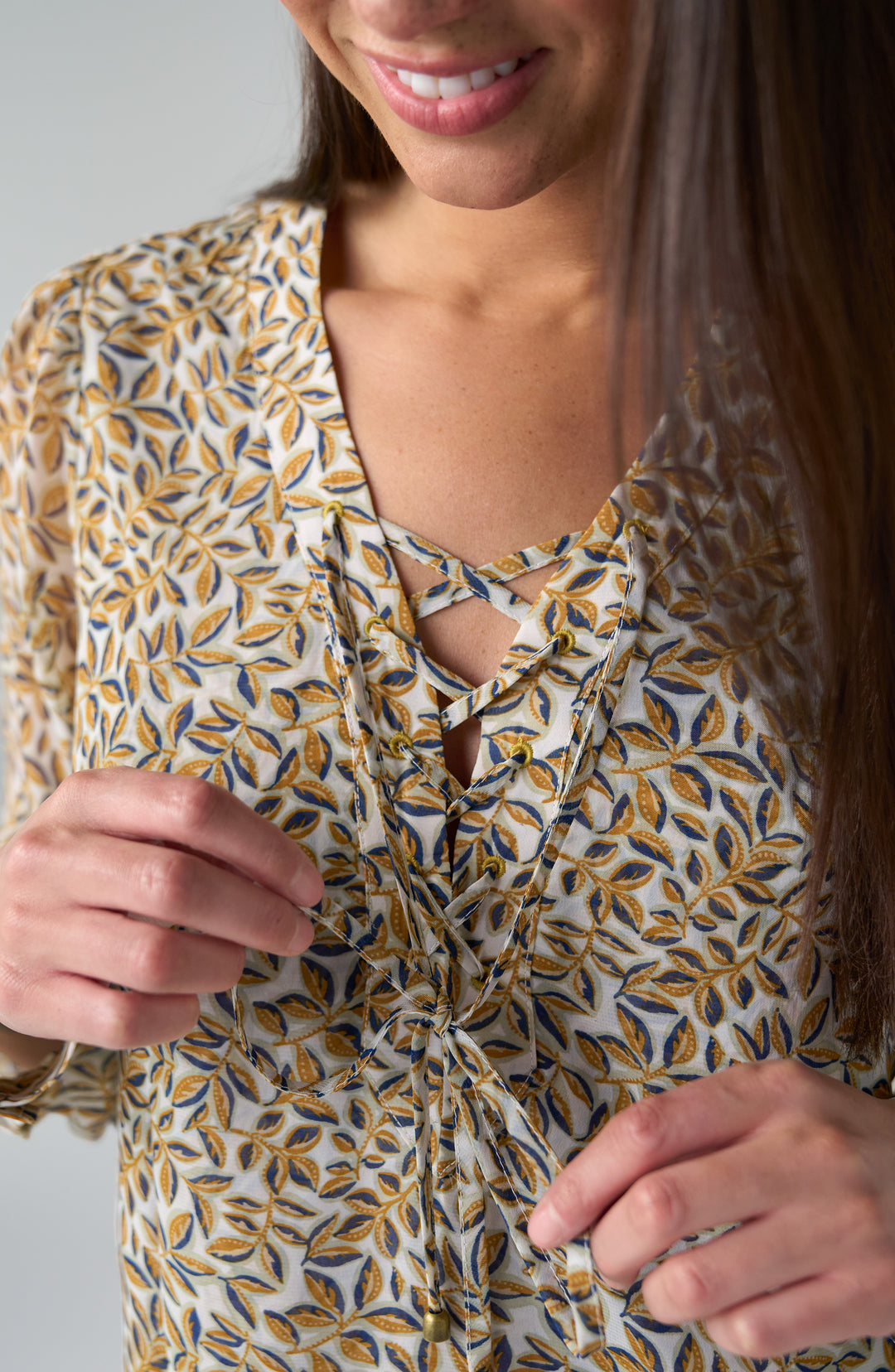 Liverpool Long Sleeve Lace Up Front Woven Blouse Gold Multi Blue