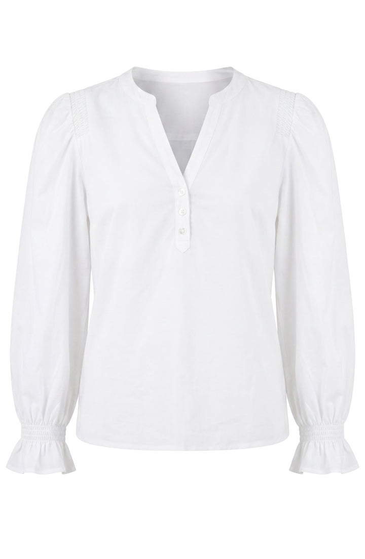 Liverpool 3/4 Sleeve Knit to Woven Top with Smocking White