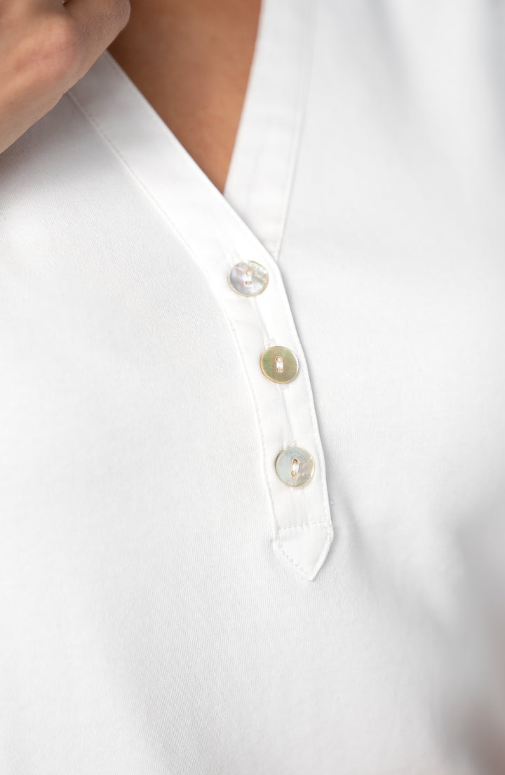 Liverpool 3/4 Sleeve Knit to Woven Top with Smocking White