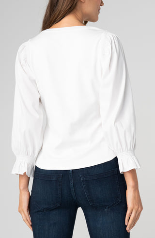 Liverpool 3/4 Sleeve Knit to Woven Top with Smocking White