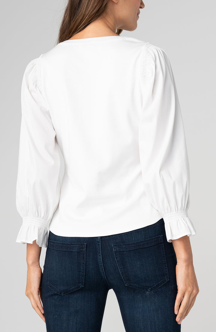 Liverpool 3/4 Sleeve Knit to Woven Top with Smocking White