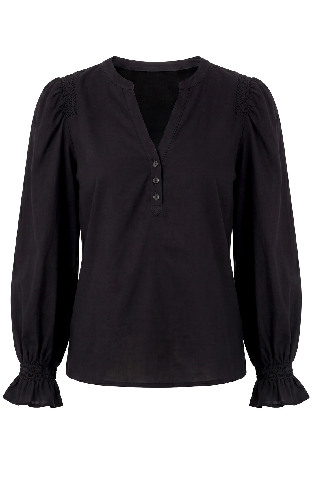 Liverpool 3/4 Sleeve Knit to Woven Top with Smocking Black