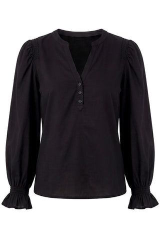 Liverpool 3/4 Sleeve Knit to Woven Top with Smocking Black
