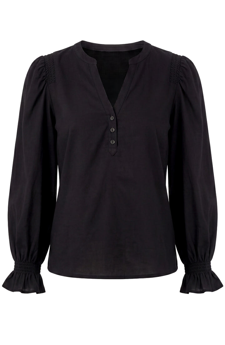Liverpool 3/4 Sleeve Knit to Woven Top with Smocking Black