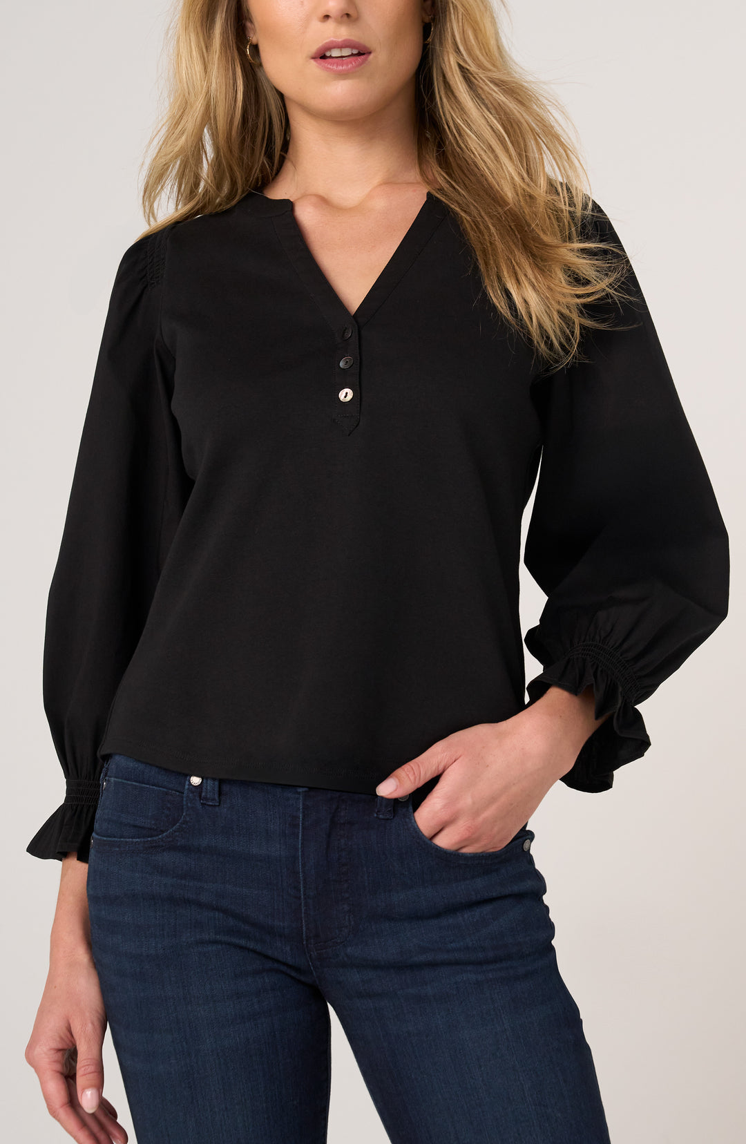 Liverpool 3/4 Sleeve Knit to Woven Top with Smocking Black