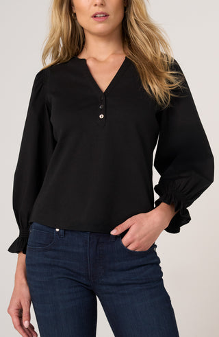 Liverpool 3/4 Sleeve Knit to Woven Top with Smocking Black