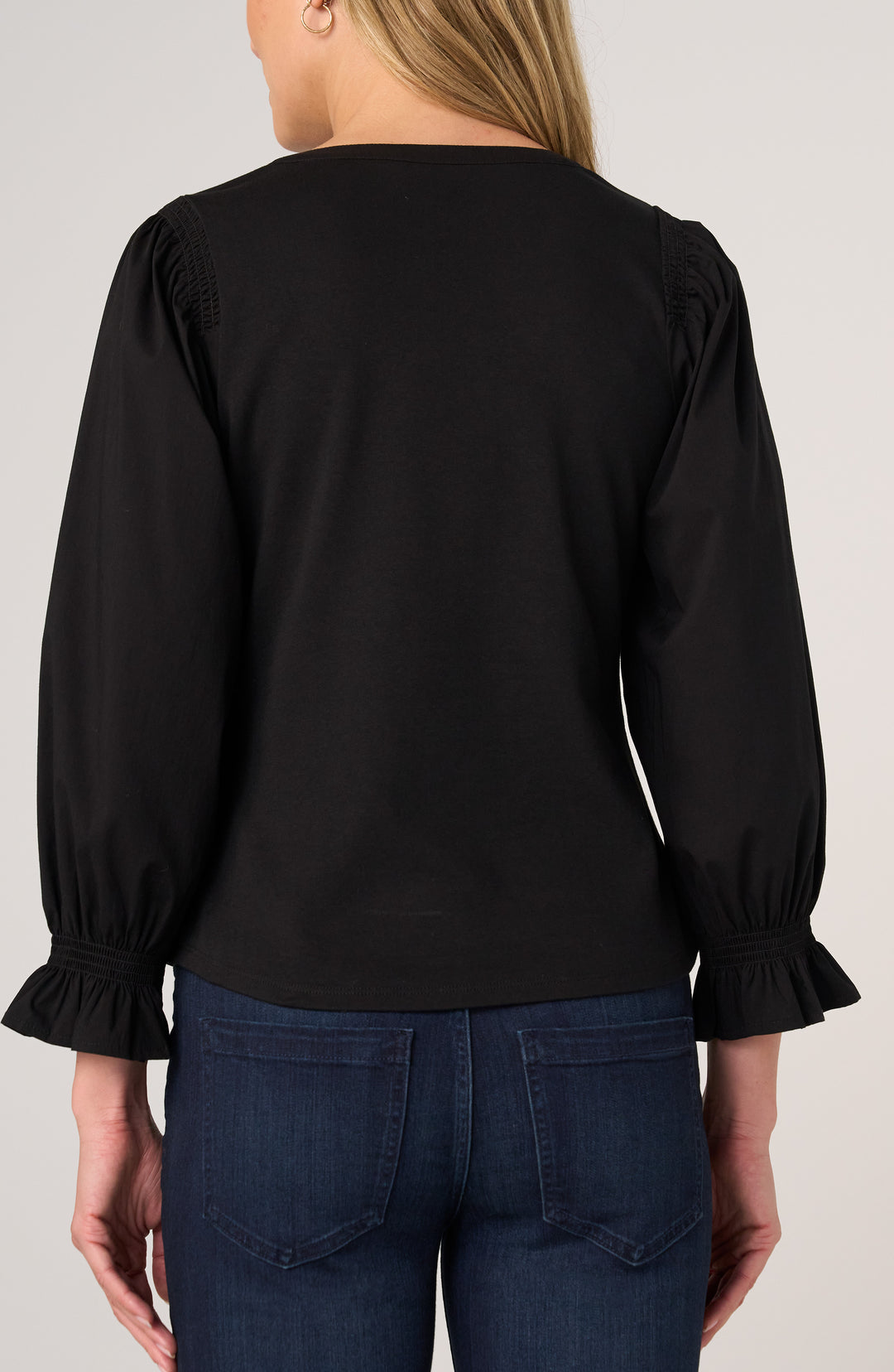 Liverpool 3/4 Sleeve Knit to Woven Top with Smocking Black