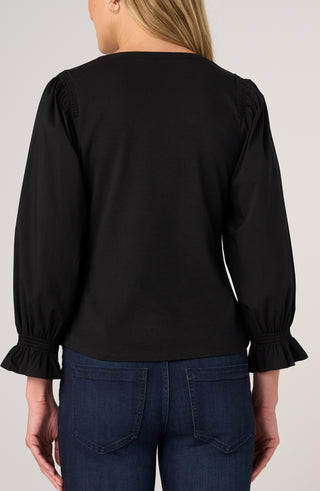 Liverpool 3/4 Sleeve Knit to Woven Top with Smocking Black